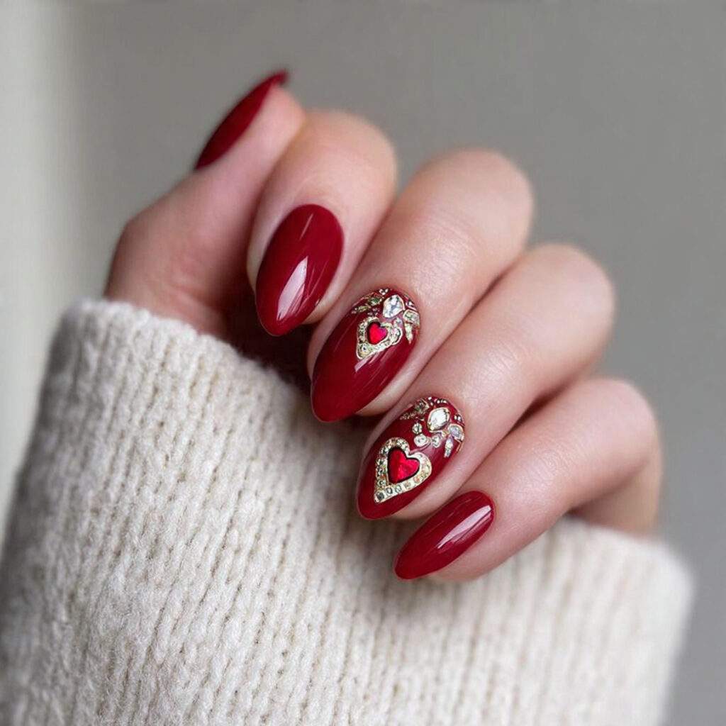 valentine nails almond red with glamorous details