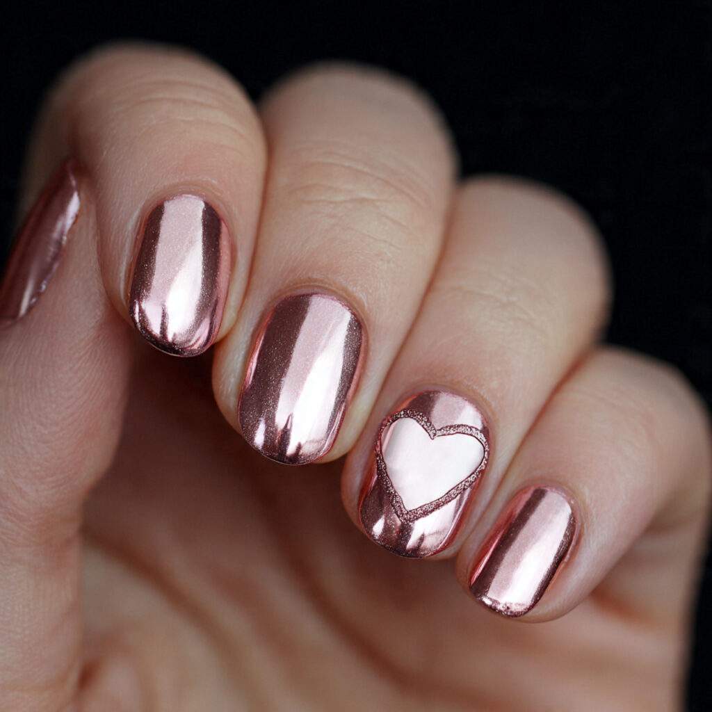 valentine nails with rose gold polish on