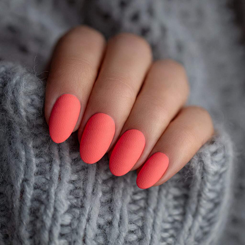 vibrant coral manicure with a matte topcoat
