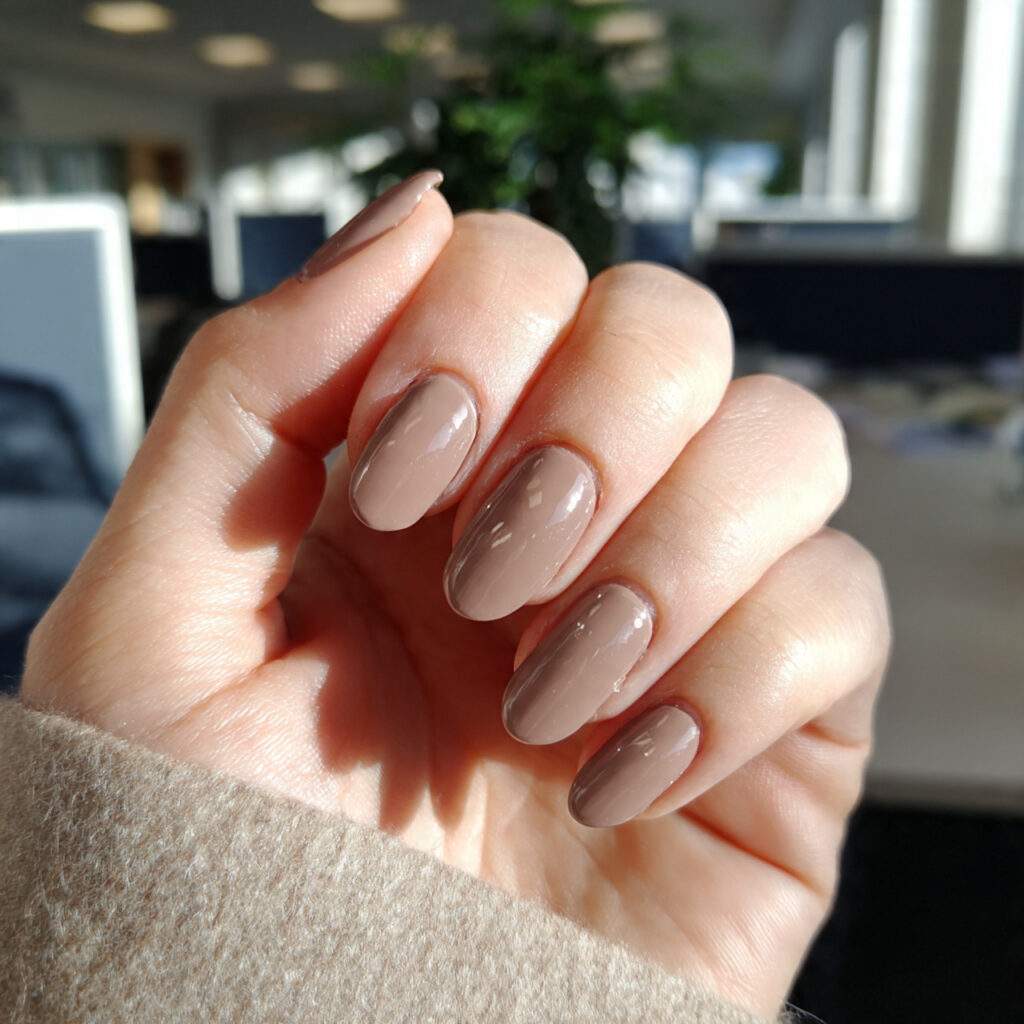 warm almond neutral nails short professional length