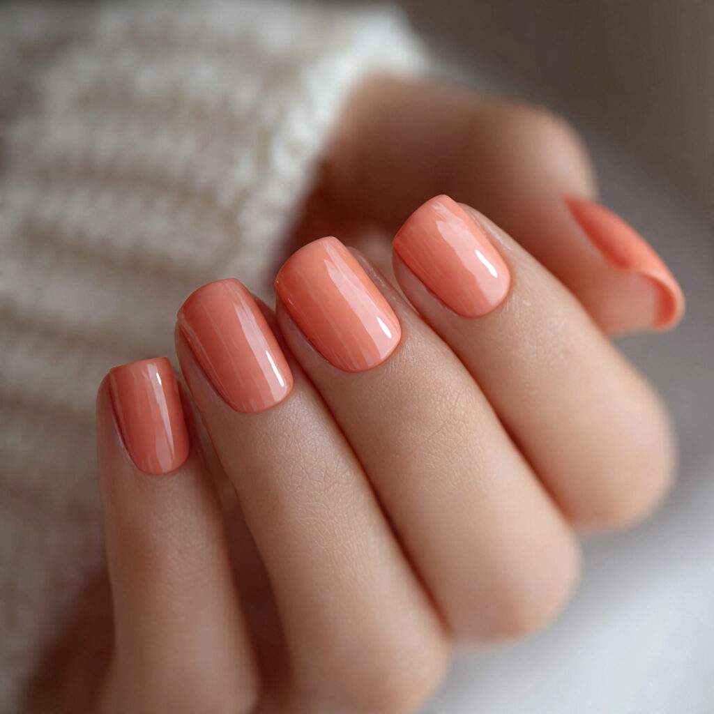 warm peachy coral short nails glossy finish