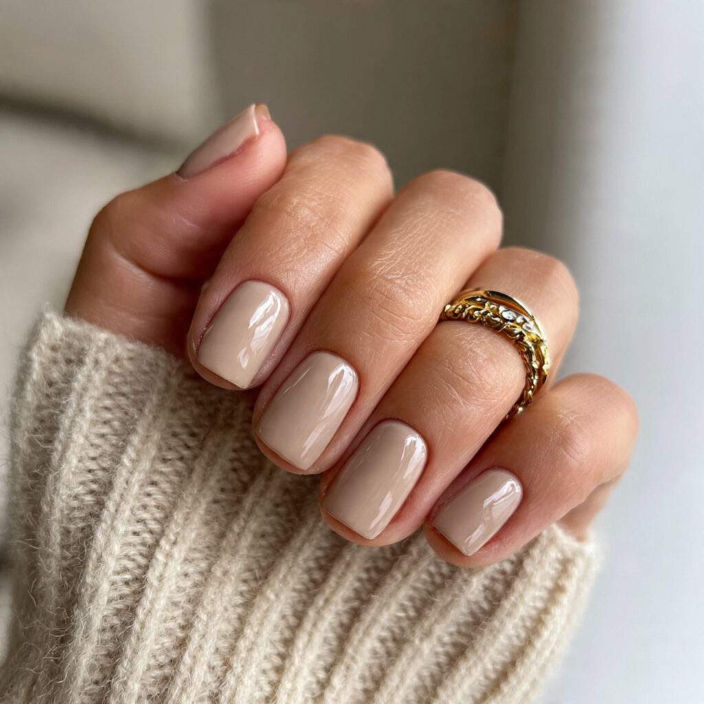 warm soft beige short nails glossy or