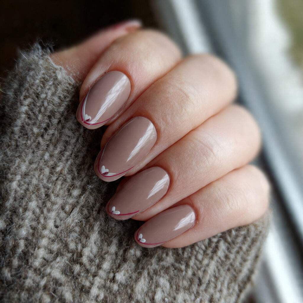 warm taupe nails with a subtle heart