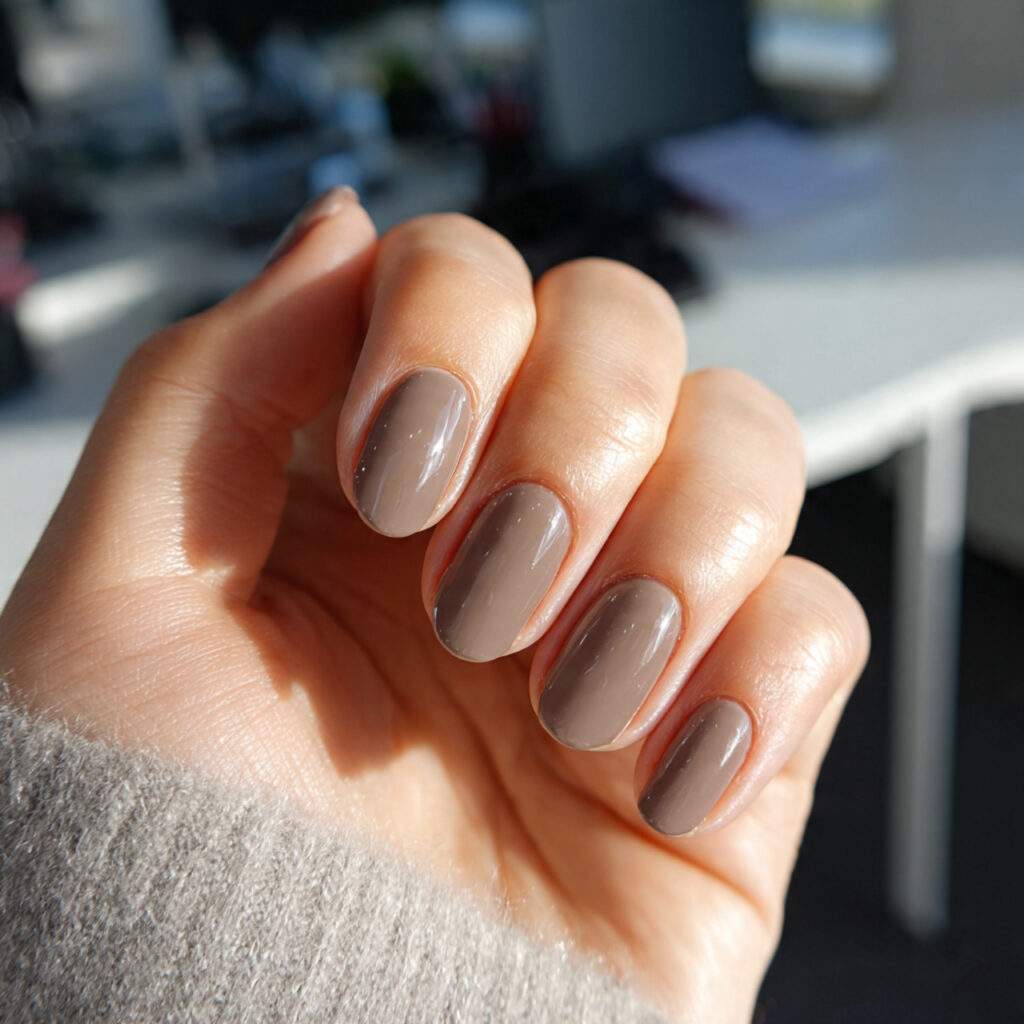 warm taupe office nails short rounded shape