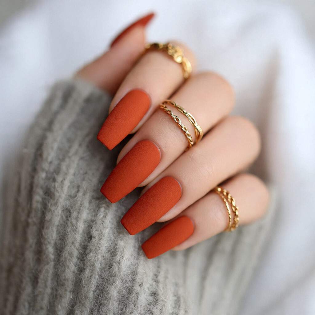 warm terracotta orange nails with velvety matte 1