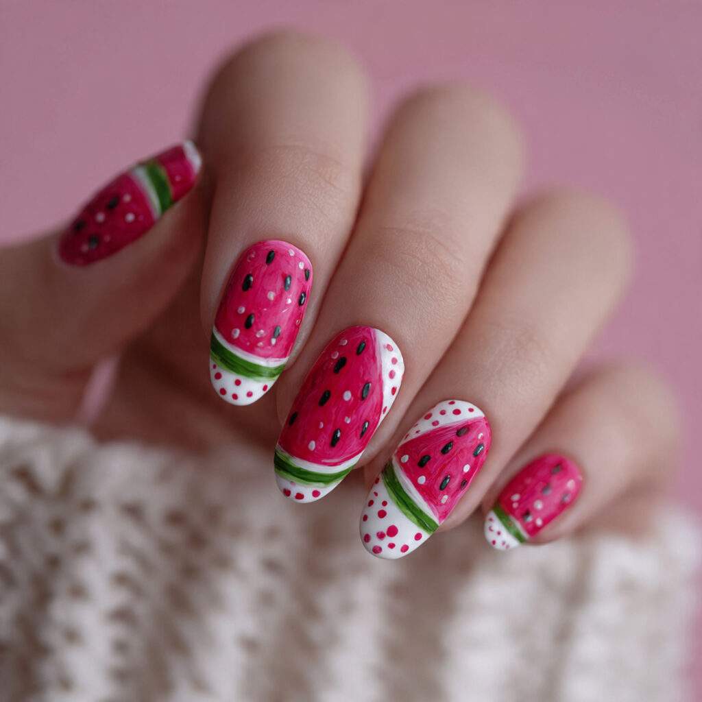 watermelon inspired nails in the style of the 1