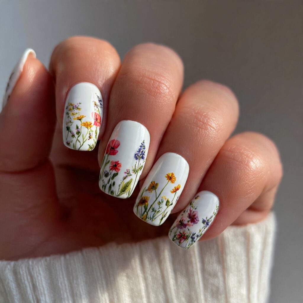 white base with colorful wildflowers on nails