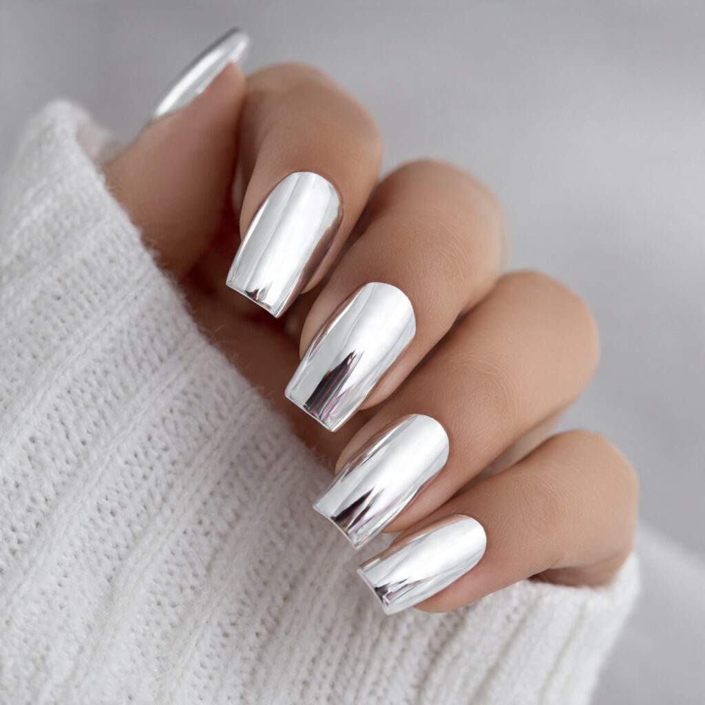 white chrome nails create a smooth and