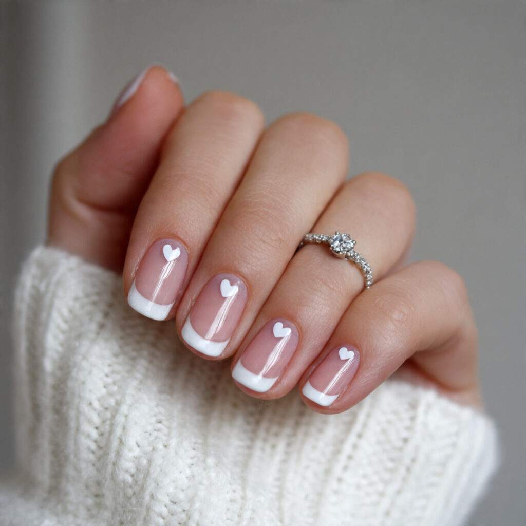 white french tips with tiny heart accents