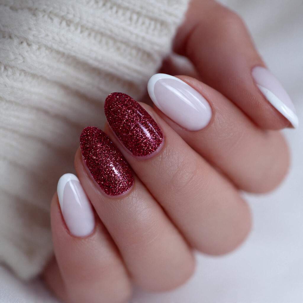 white french with red glitter accent nail 1