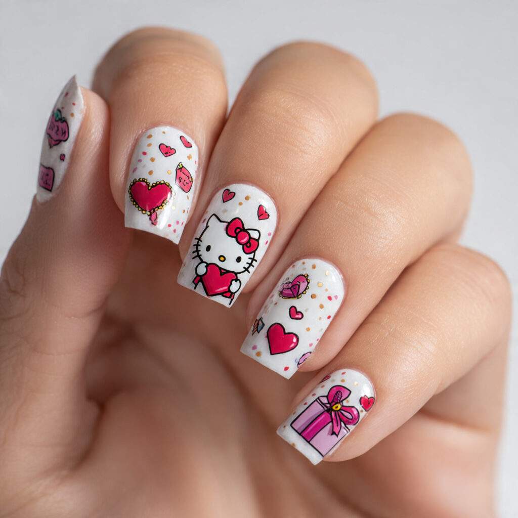 white nails with illustrations of hello kitty