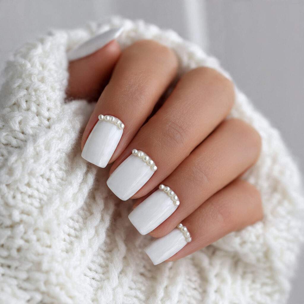 white nails with pearl accents