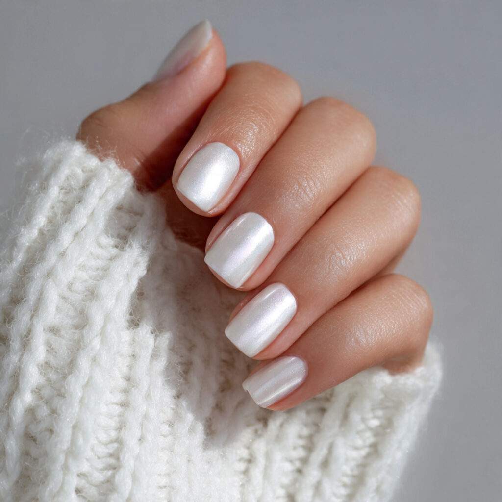 white nails with pearlescent finish that softly
