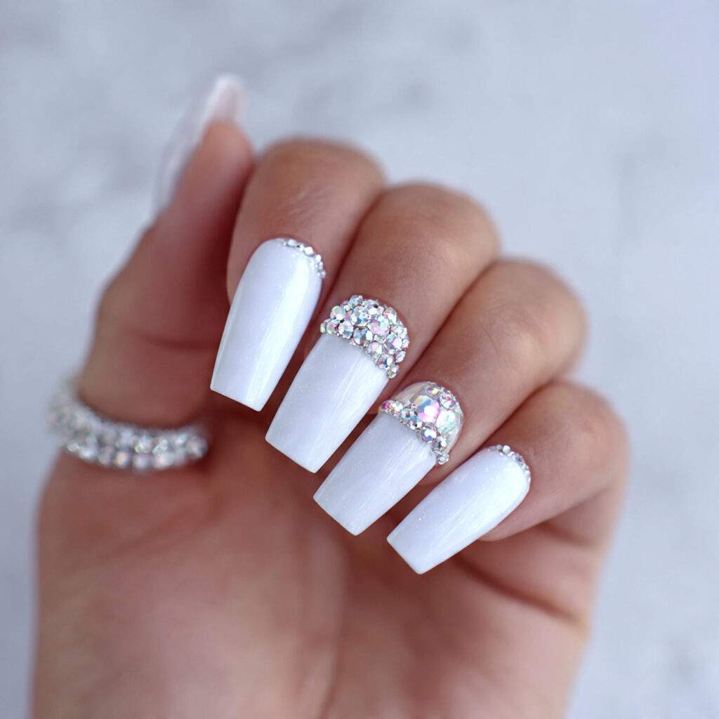 white nails with rhinestone details