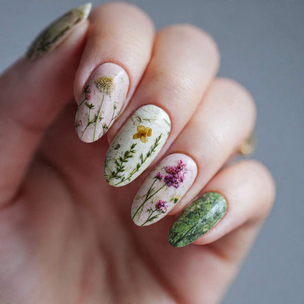 wildflower nails with botanical leaf mix design