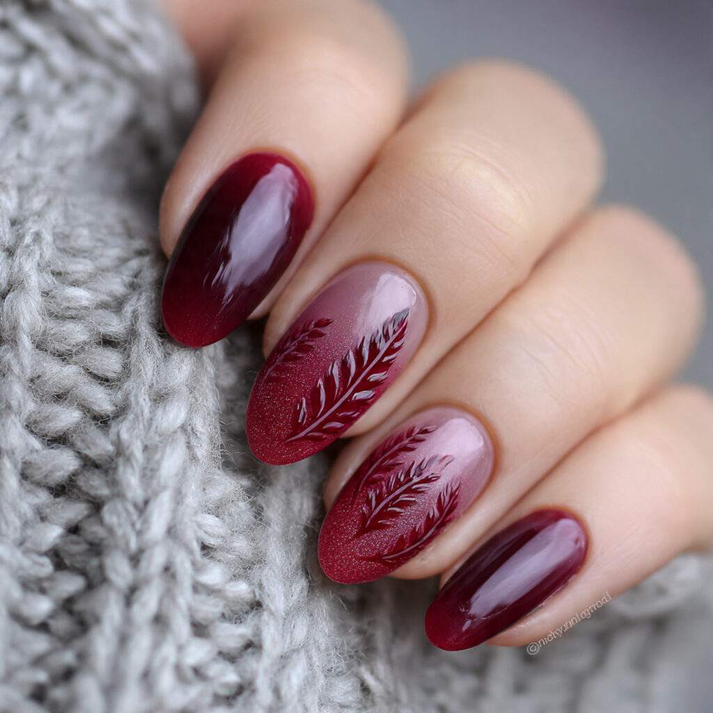 winter leaf gradient burgundy nails feel artistic