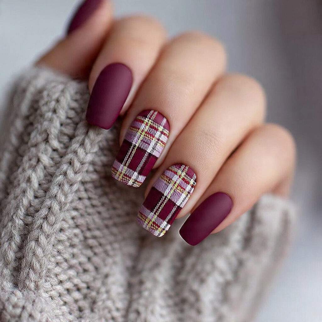 winter plaid burgundy nails feel cozy and