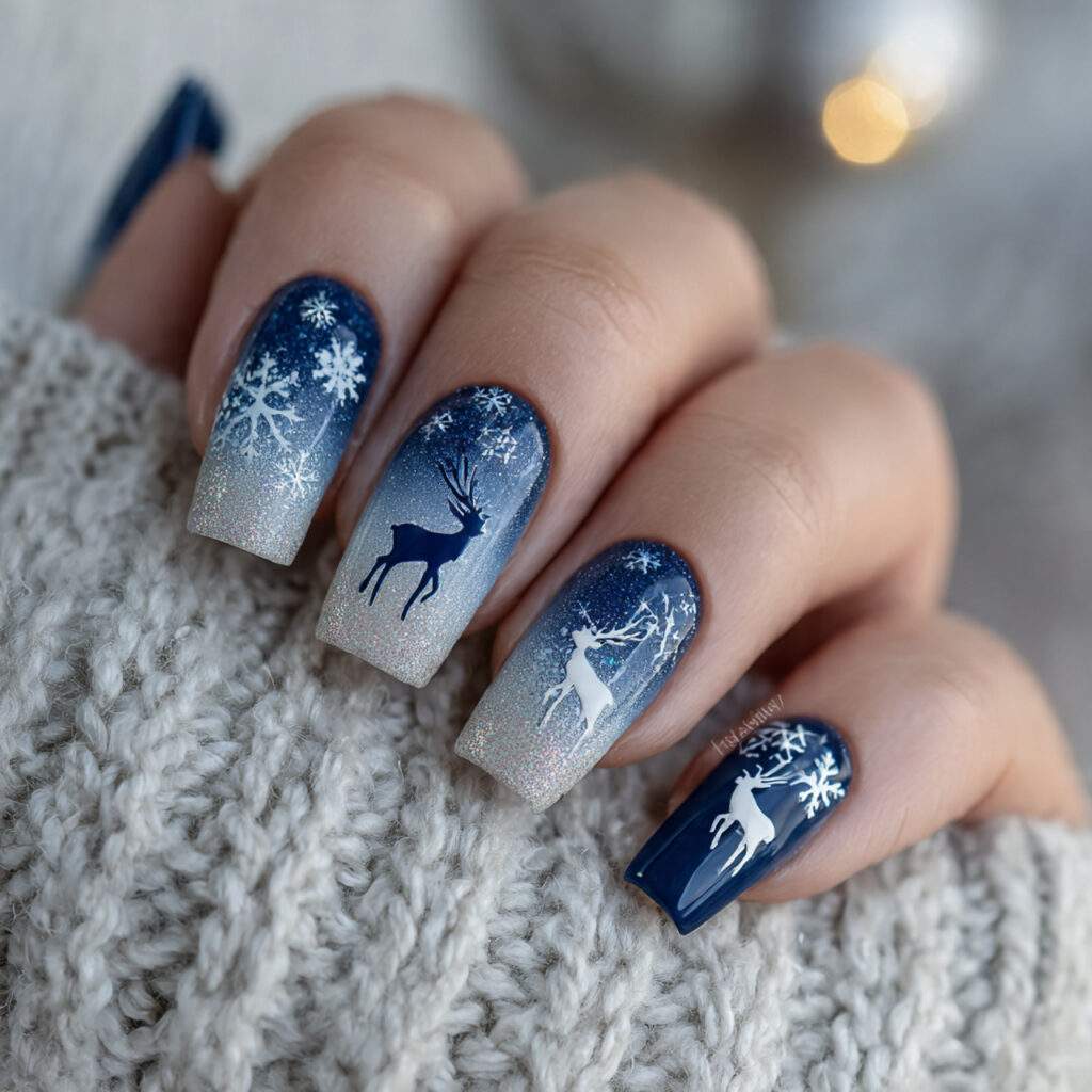 winter reindeer ombre navy nails feel playful