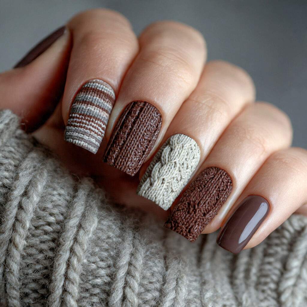winter square nails with sweater textures feel