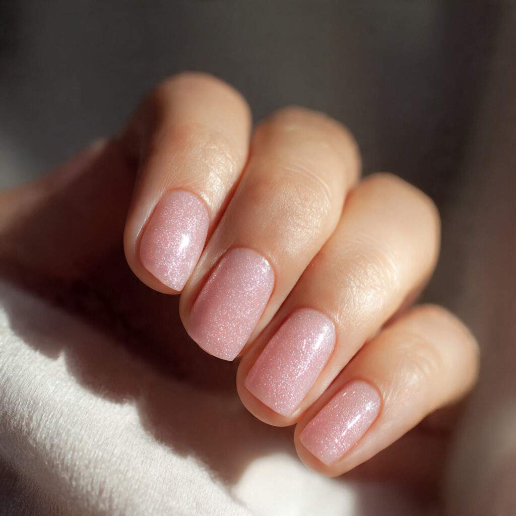 close up of glossy nails with sheer pink polish an