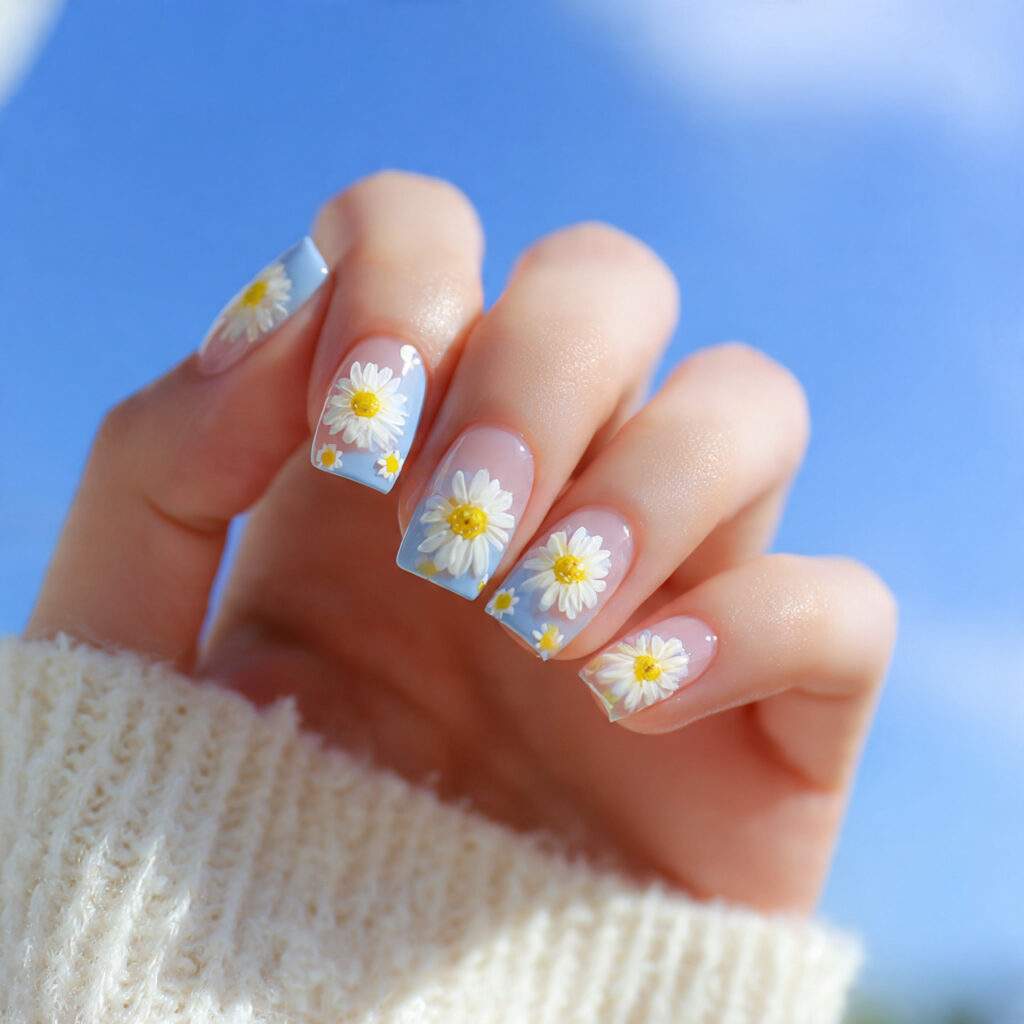 Daisy Nail Art on Square Tips