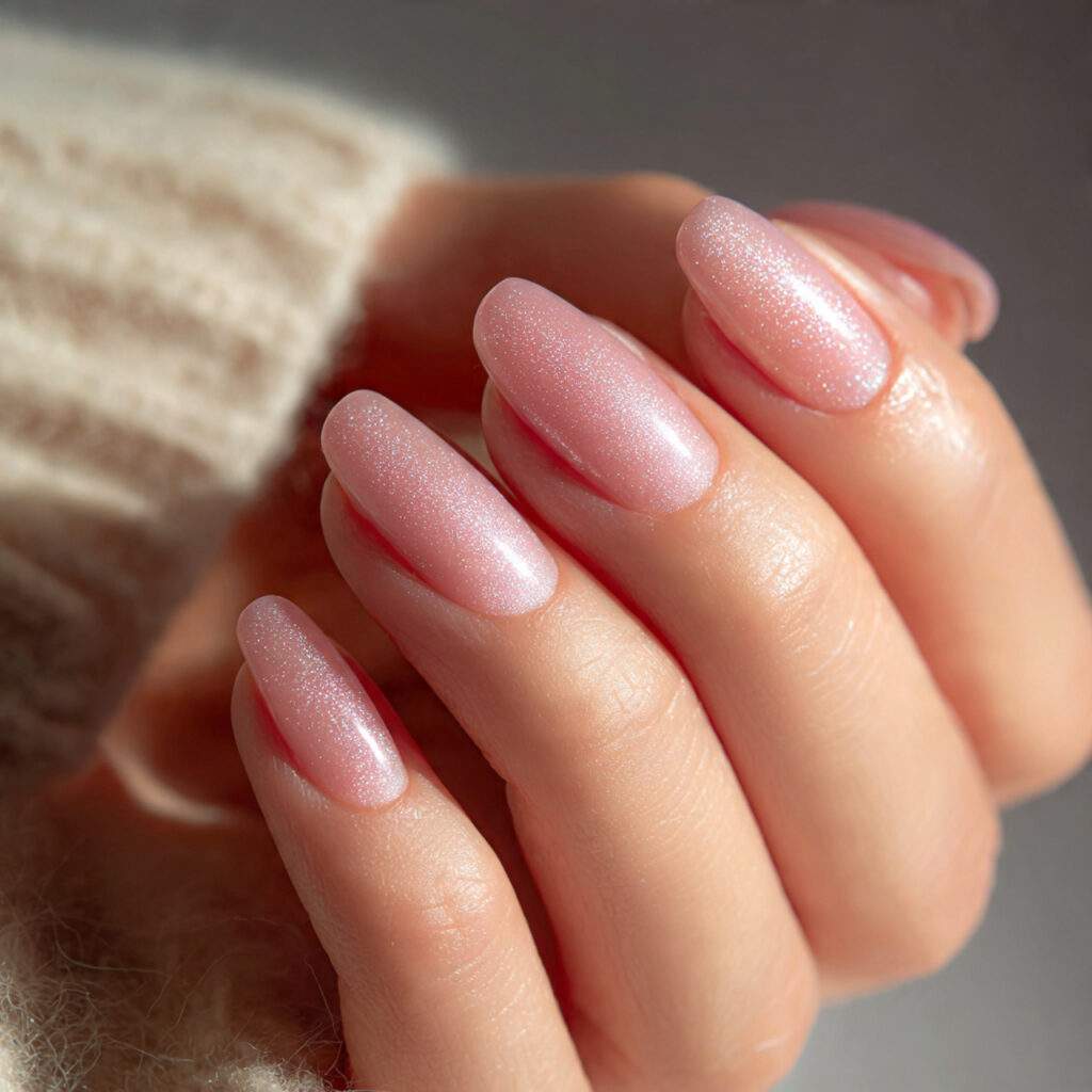 image of nails with sheer pink base and very fine