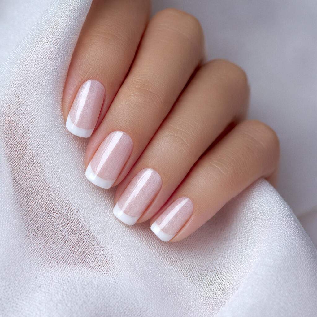 image of nails with sheer white base and pearly sh