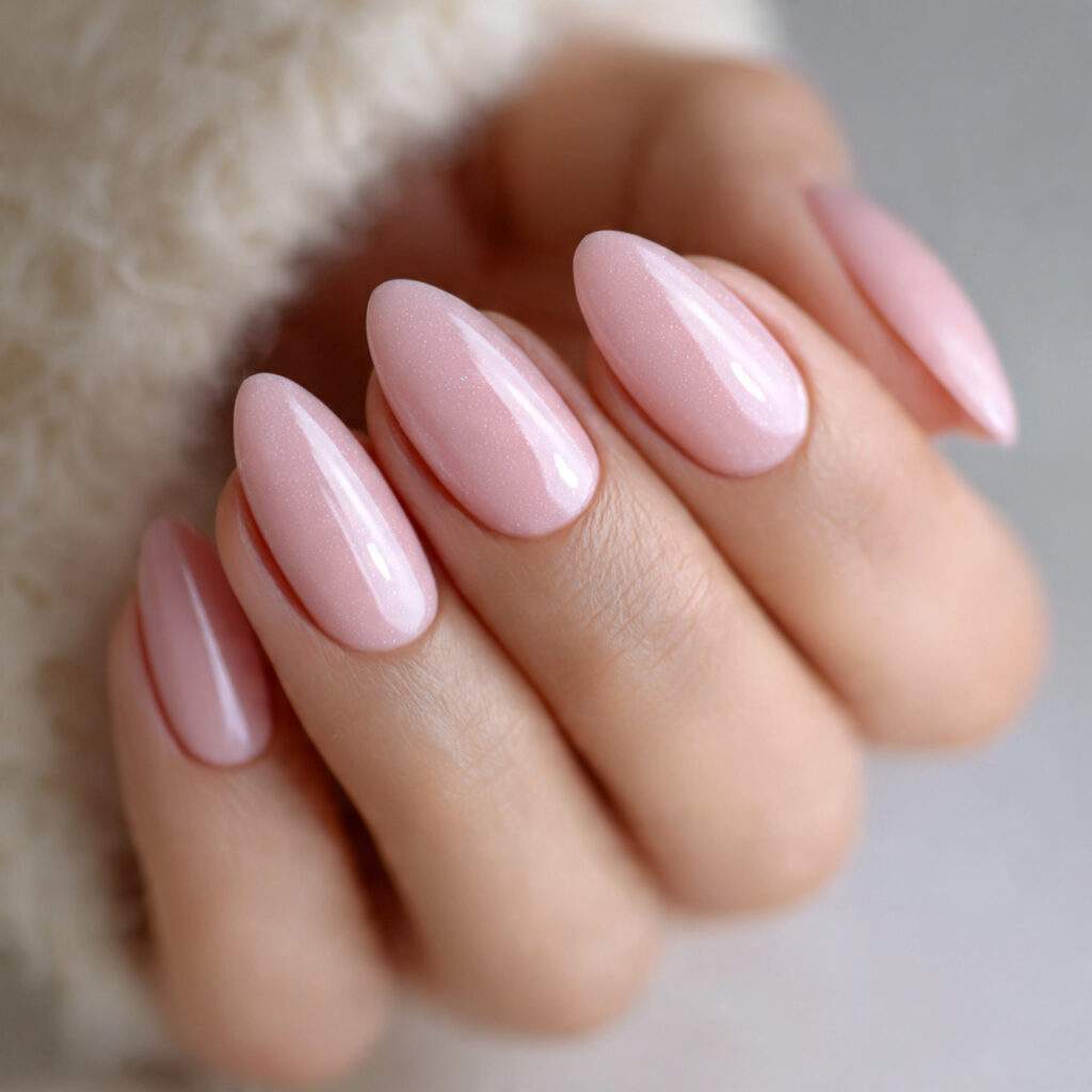 medium almond nails in soft pink with subtle shimm