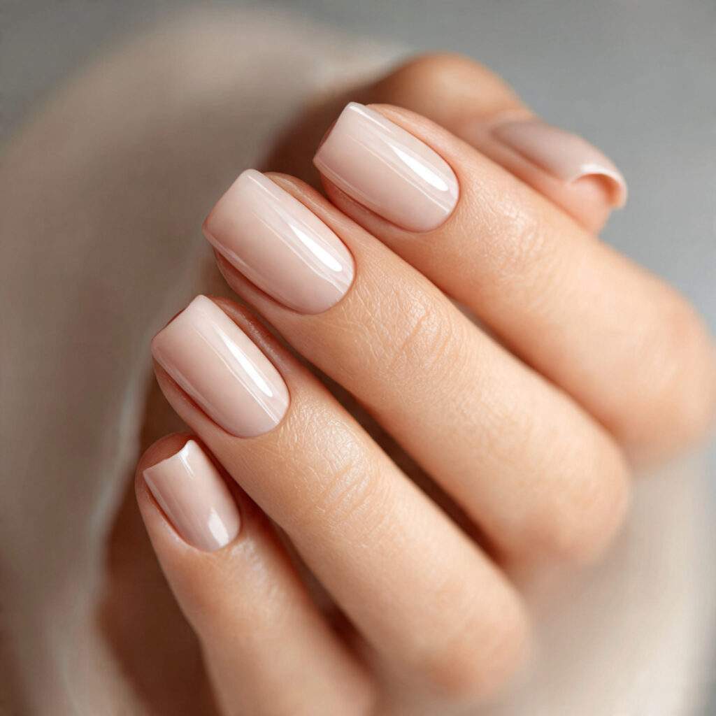 short square nails in warm soft beige smooth gloss