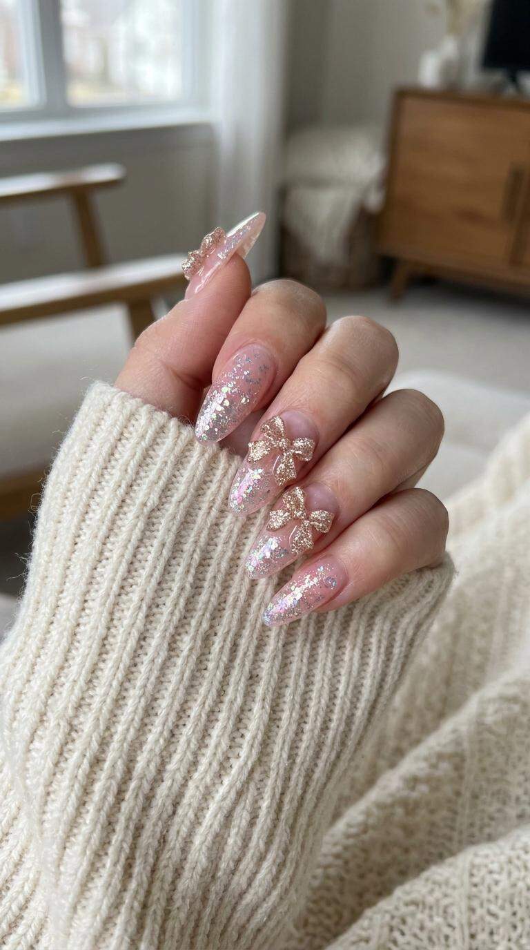 3D Glitter Bow Nails