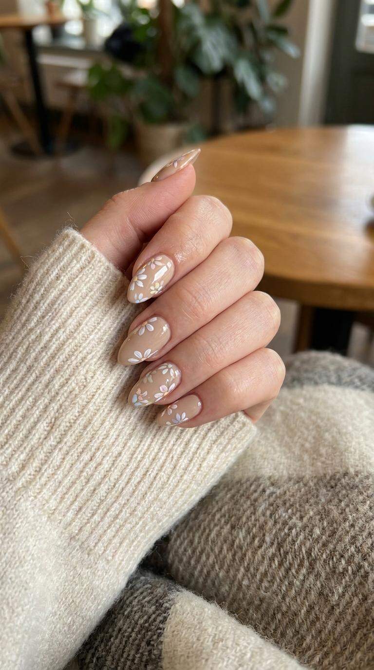 Beige Almond Nails with Floral