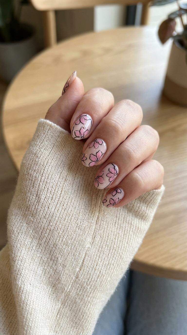Black Outlined Pink Flowers