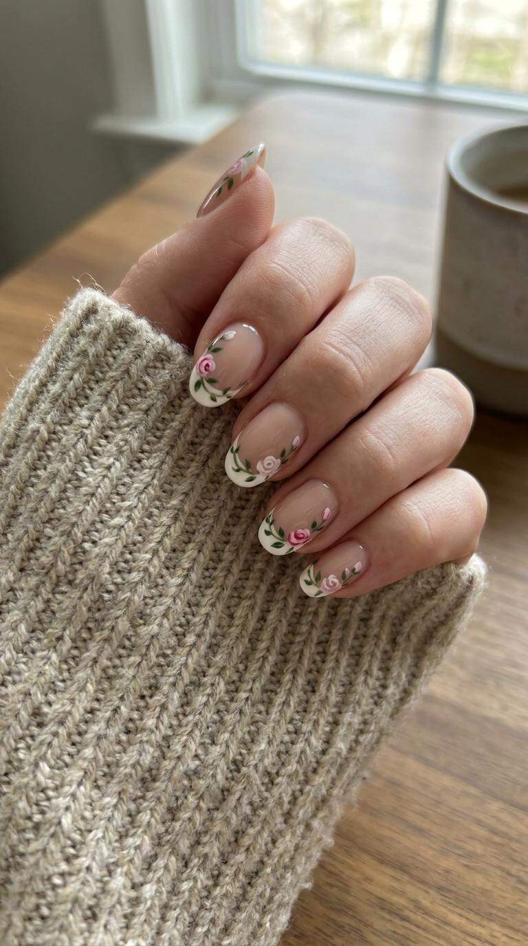 Garden Rose French Tip Nails