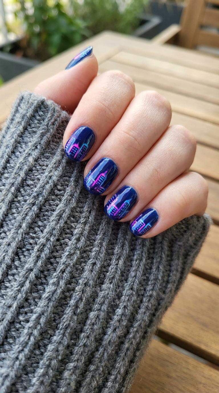 Glowing Neon Cityscape Nails