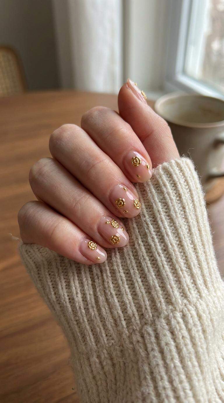 Gold Beaded Rose Nails
