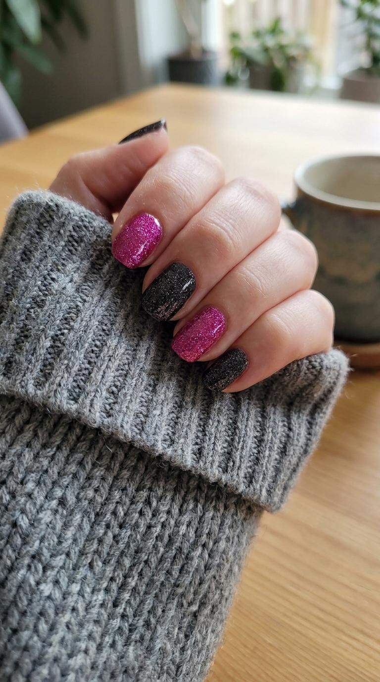 Pink and Black Glittery Nails
