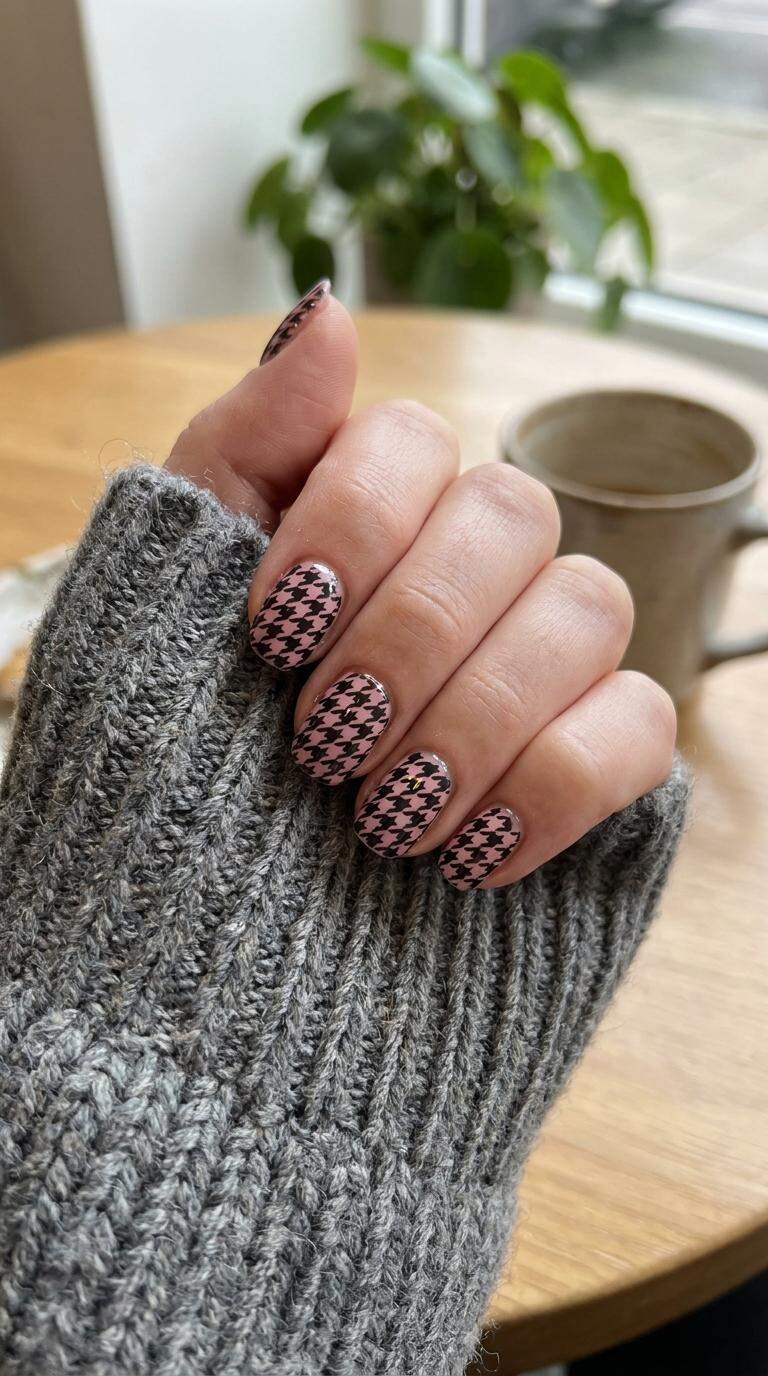 Pink and Black Houndstooth Nails
