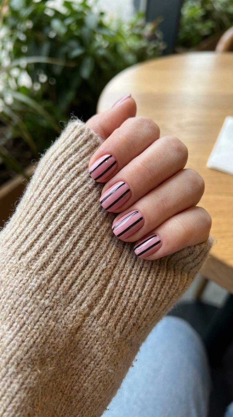Striped Pink and Black Nails