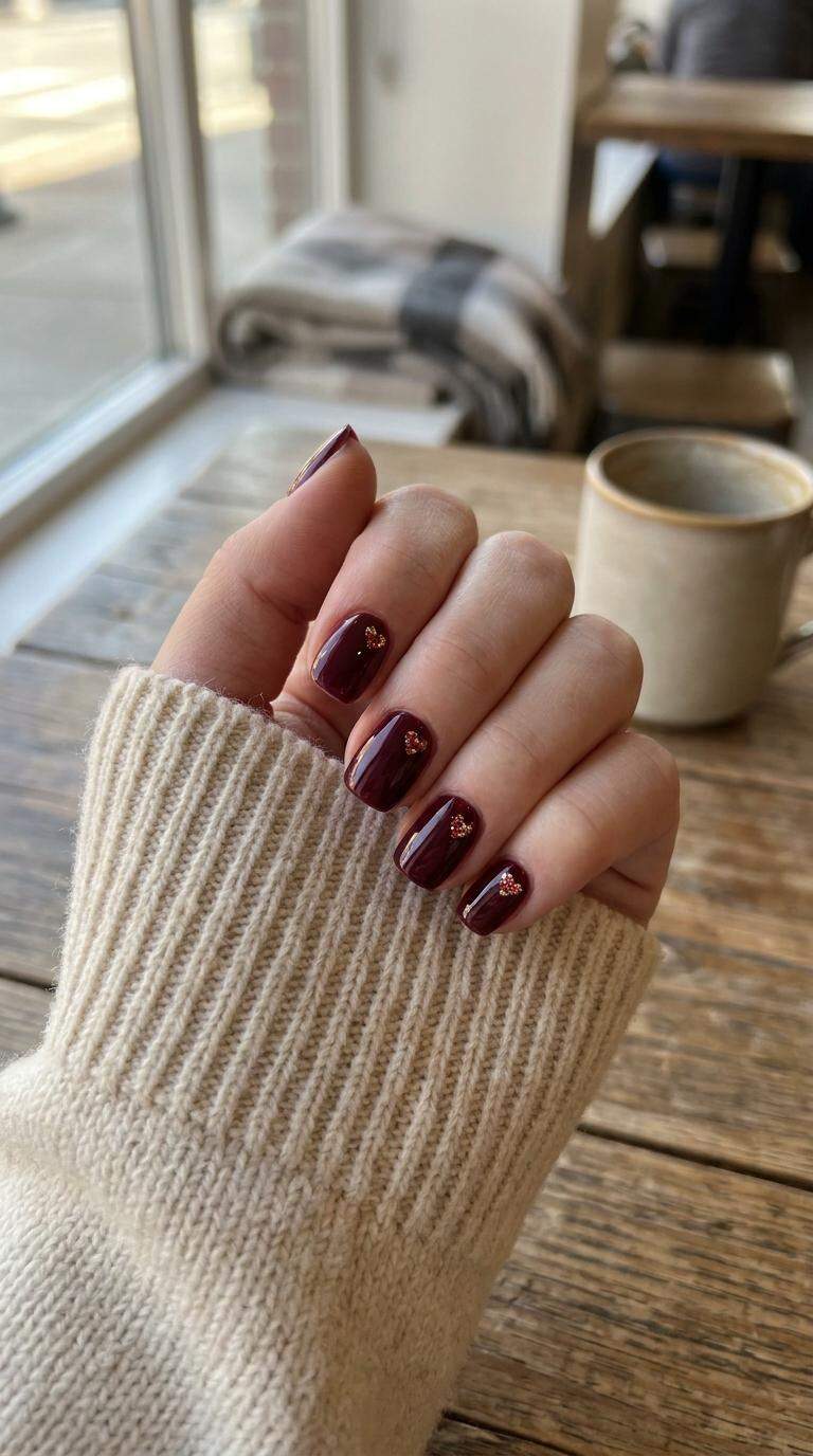 Burgundy Nails with Glittering Heart