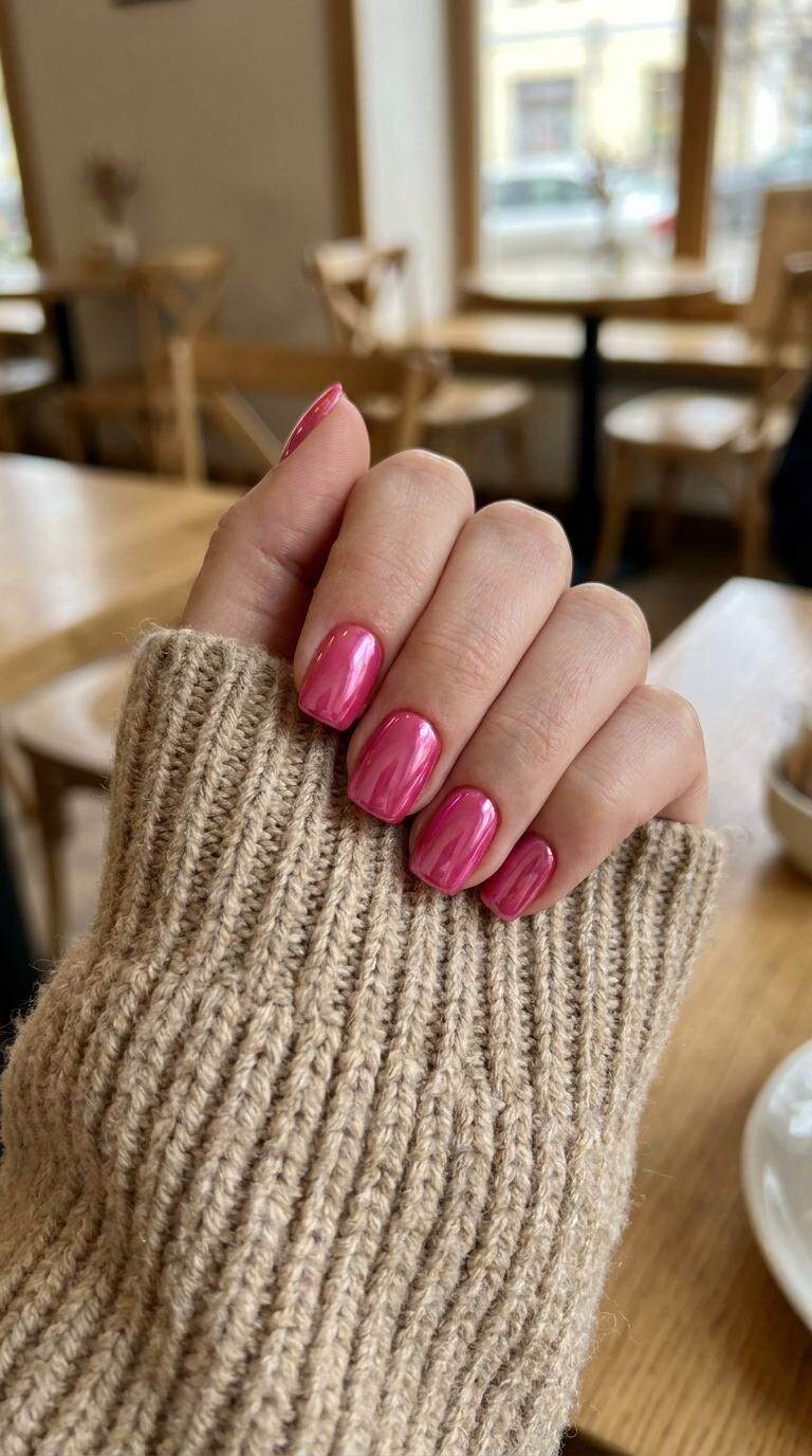 Chrome Glazed Hot Pink Nails
