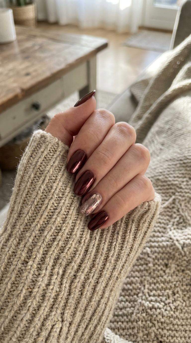 Chrome Maroon Accent Nails