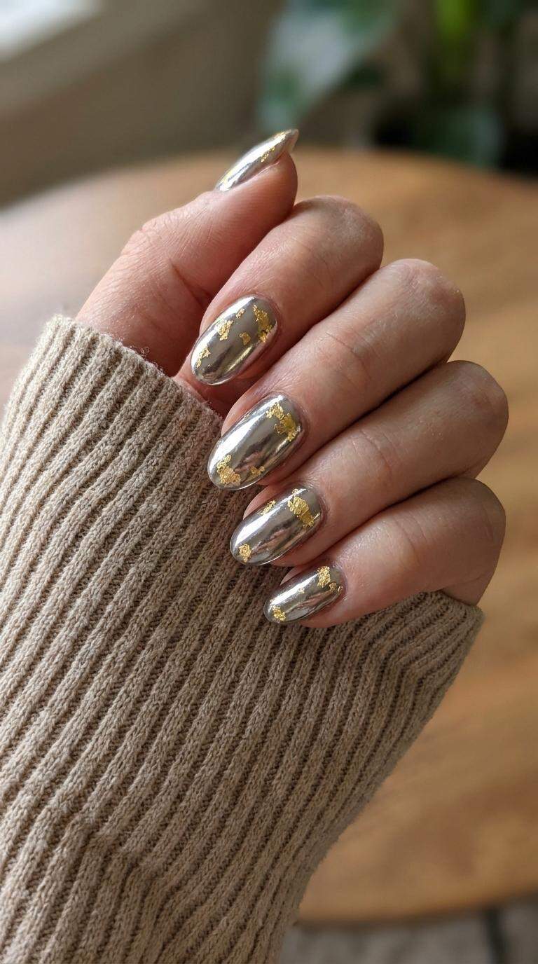 Chrome Nails with Gold Foil