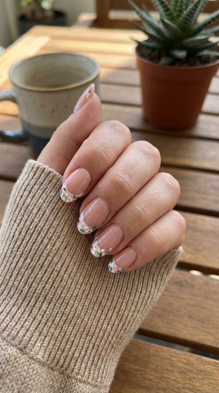 French Tip with Floral Pattern
