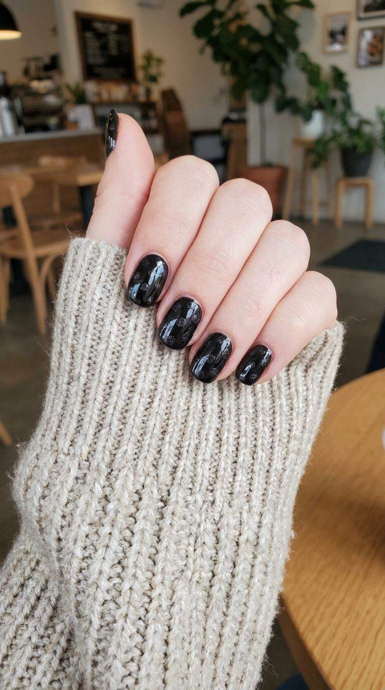 Glittering Black Polka Dot Nails