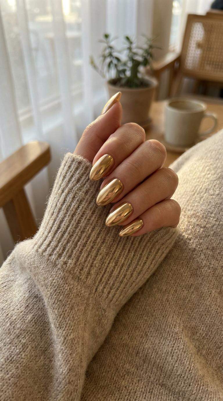 Golden Chrome Almond Nails