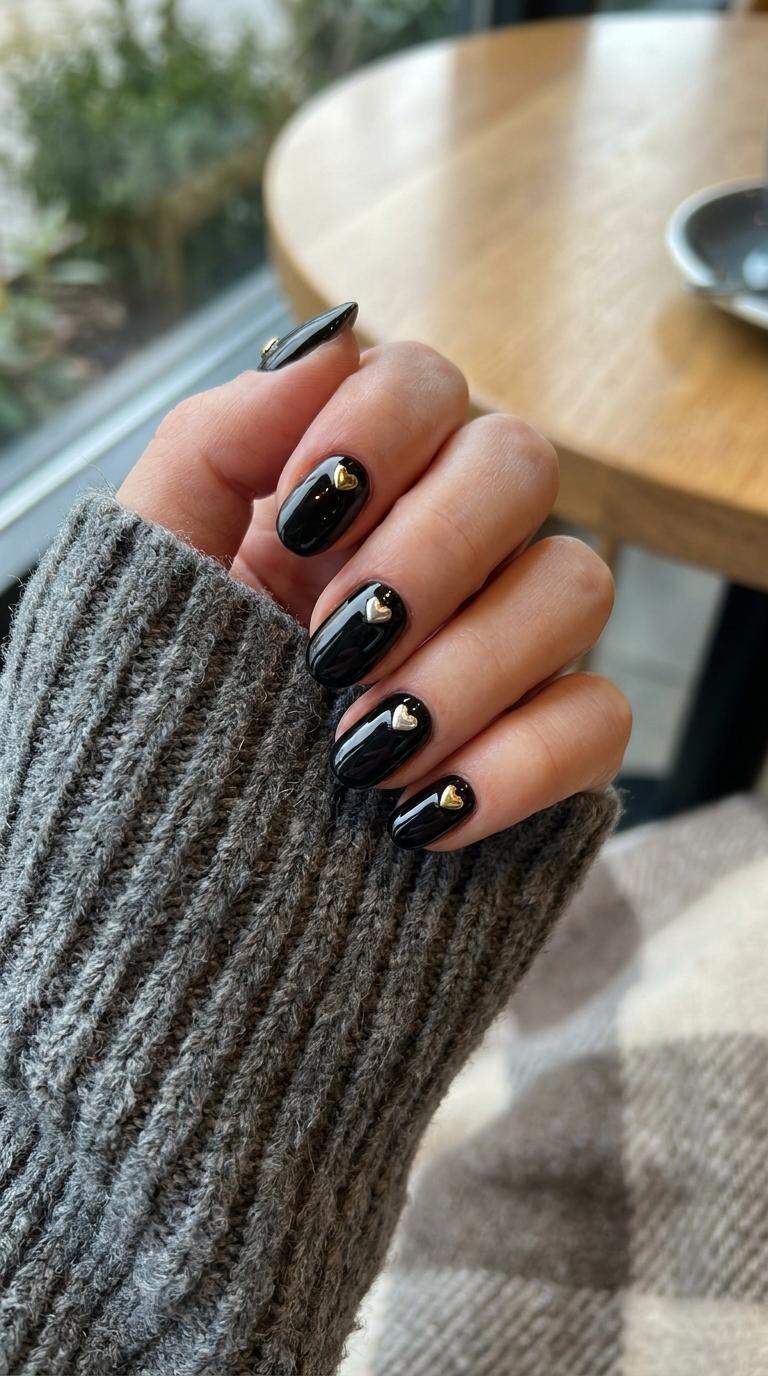 Heart-Shaped Studs on Black Nail