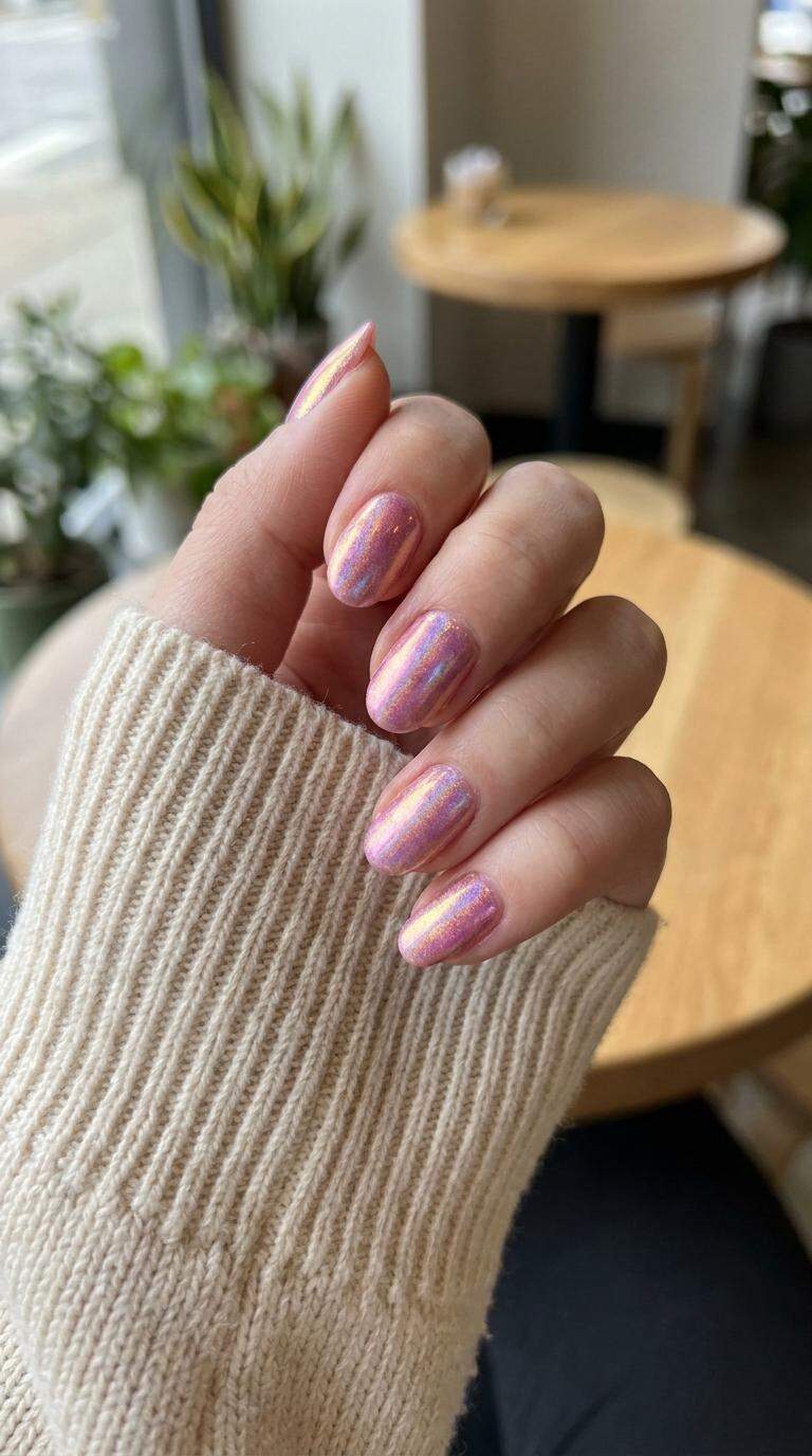 Iridescent Pink Holographic Nails