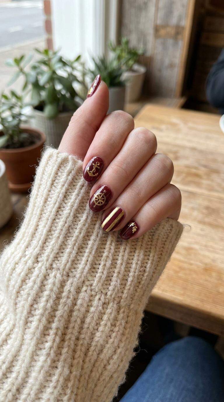 Maroon and Gold Nautical Nails