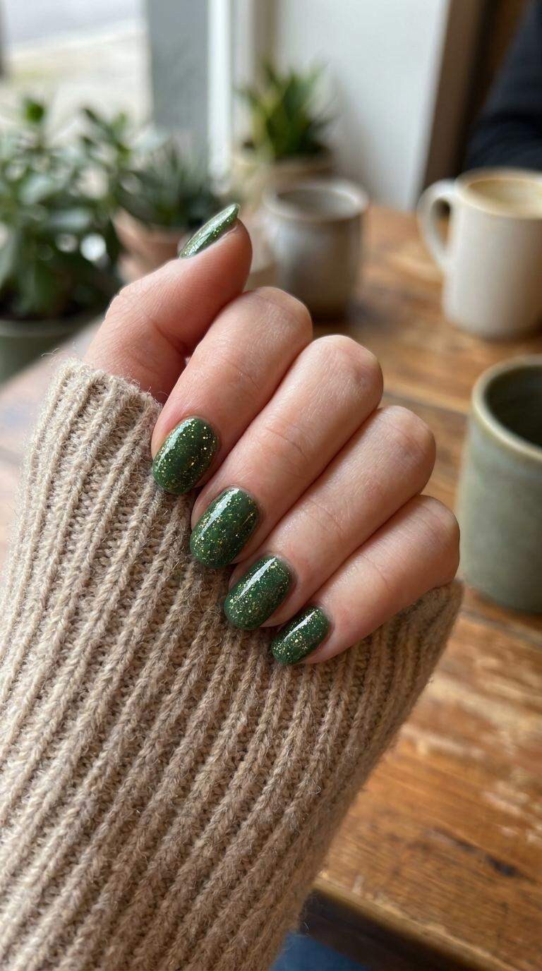 Moss Green Glitter Nails
