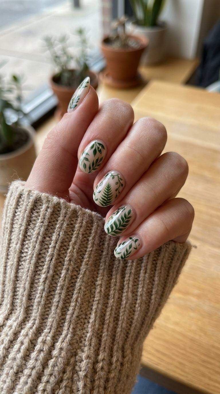 Nail Art with Greenery Leaves